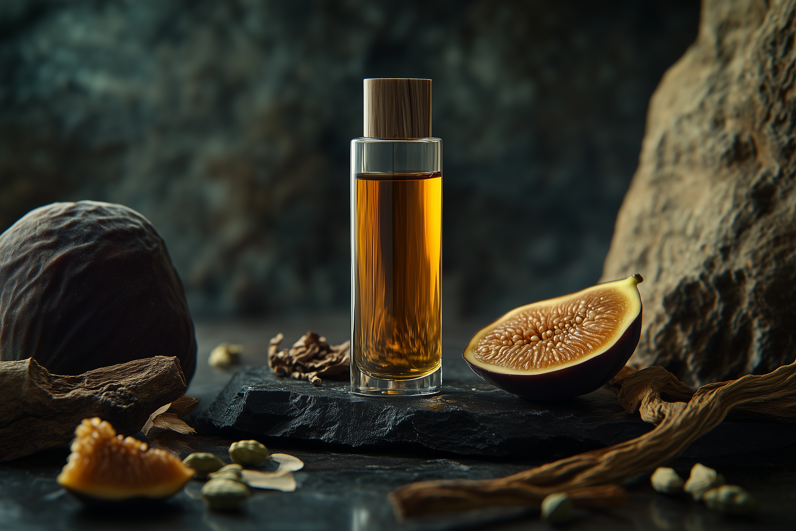 Raw fragrance ingredients — amber, fig, vetiver