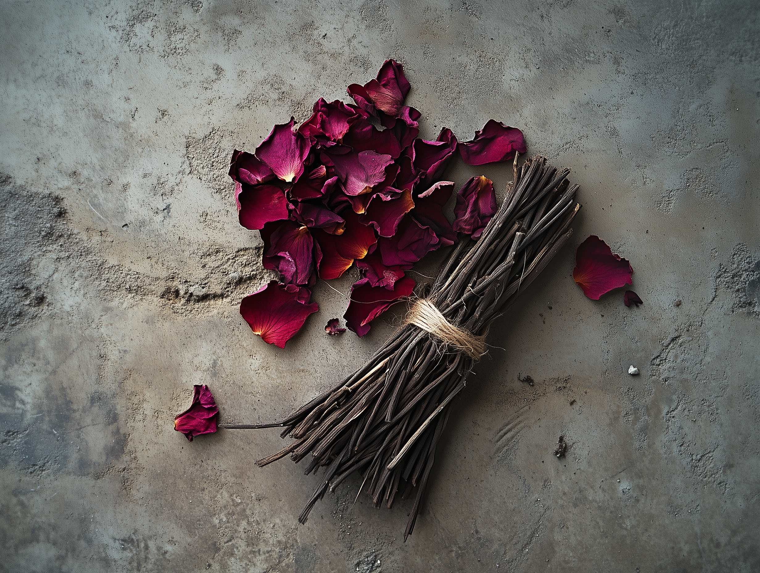Rose petals and earthy botanicals